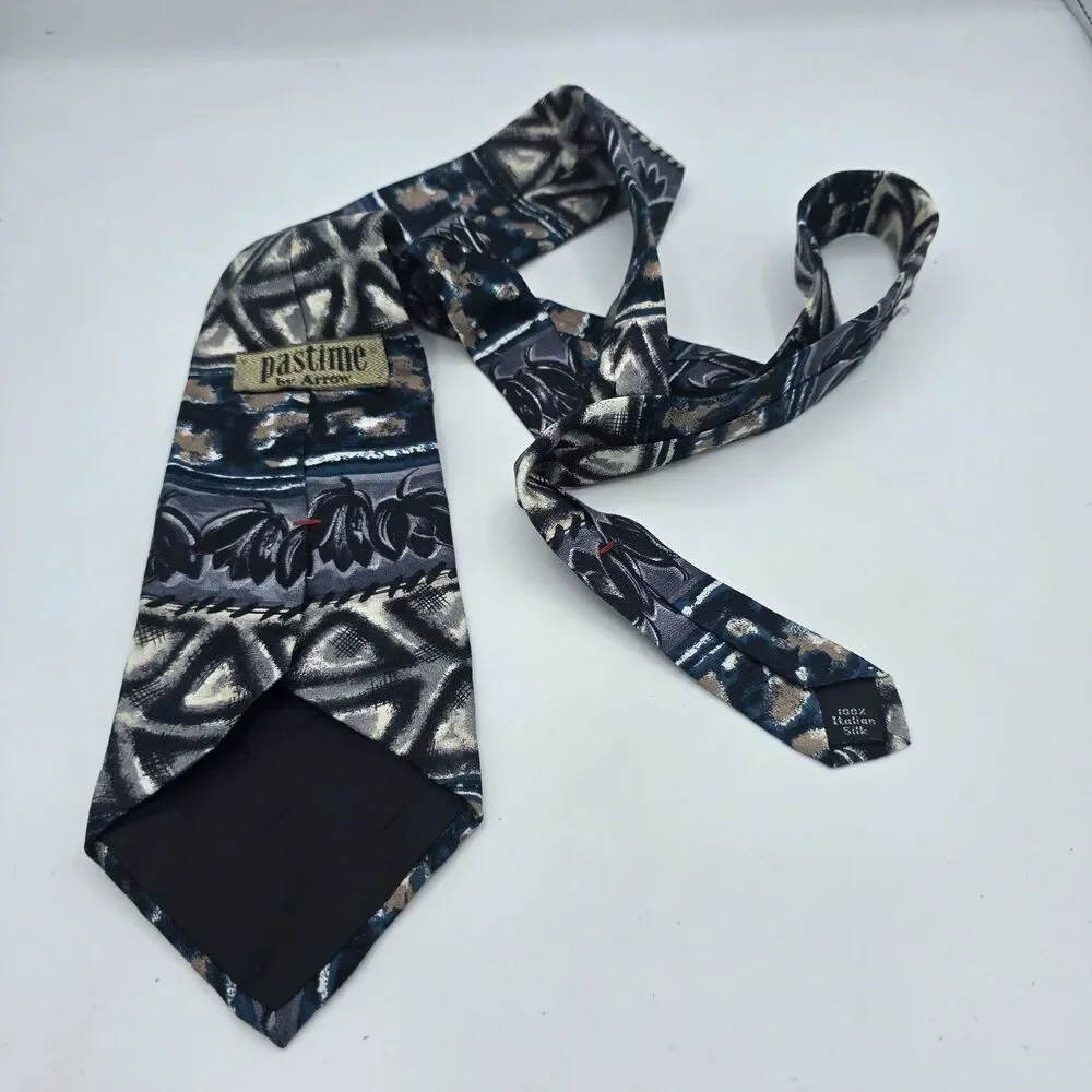 Mens Necktie Arrow Black Blue Multicolored Geometric NeckTie 55 X 4 silk Vintage